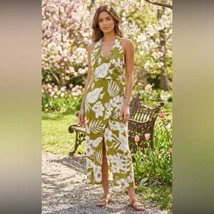 Zara linen blend floral print v-neck halter half wrap midi summer dress sz.XS